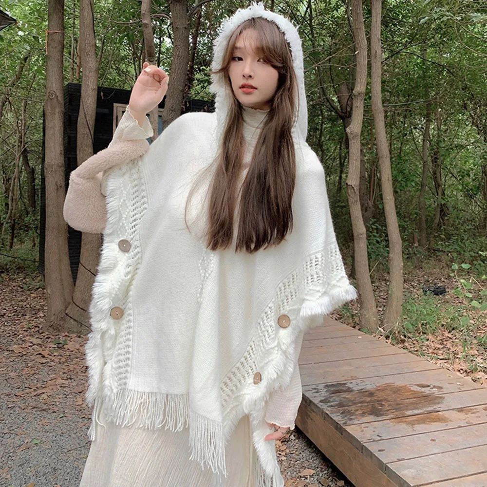 Fairy White Shawl Bohemian Fringed Poncho Sweater Knitted Travel Pullover Hooded Cape Autumn Elegant Tassel Womens Wraps Cloak