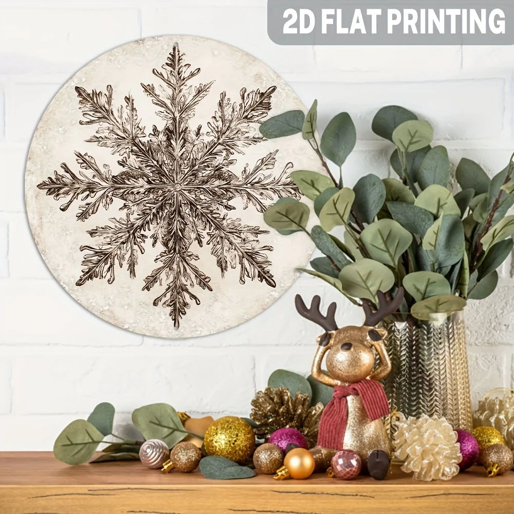 2D Flat, 1pc Vintage Snowflake Metal Wall Decor - Round Aluminum Sign, Beige And White Winter Snowflake Design, Black Branches