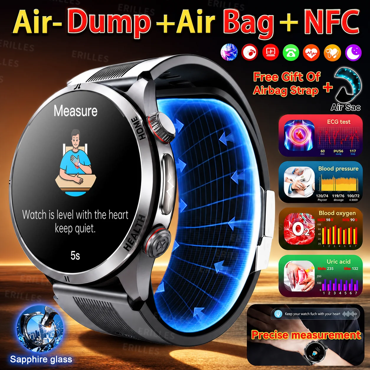 2026 New Upgrade AI Diagnostic Airbag Precise Blood Pressure Health SmartWatch Uric Acid ECG Blood Lipids Smartwatch Men Women