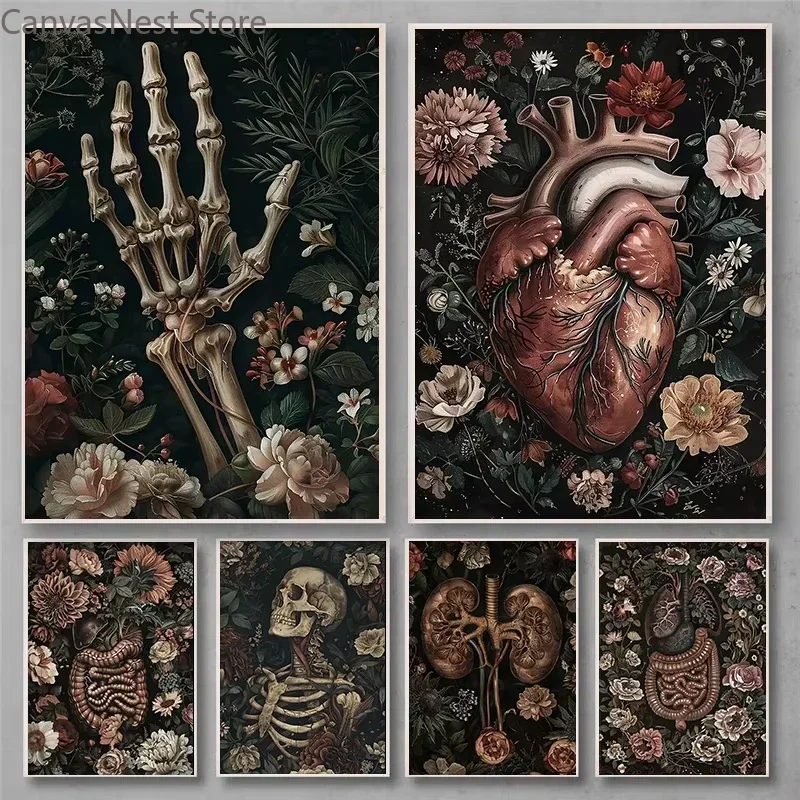 Dark Vintage Anatomy Canvas Wall Art Set Skeleton Hand Heart Floral Botanical Gothic Print Painting for Teen Bedroom Dorm Hom