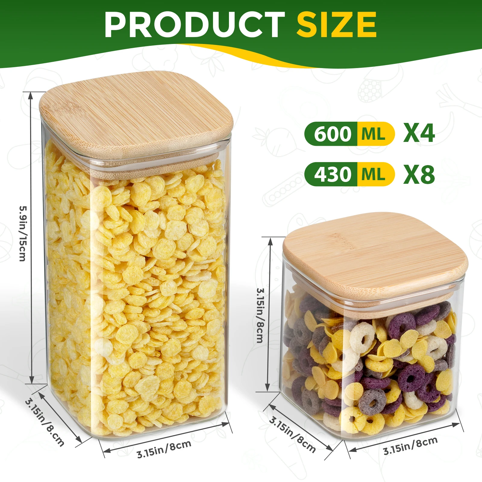 12Pcs Square Glass Food Storage Jars 430ml/600ml Bamboo Lid Transparent Sealed Stackable Canisters for Kitchen Organization 6