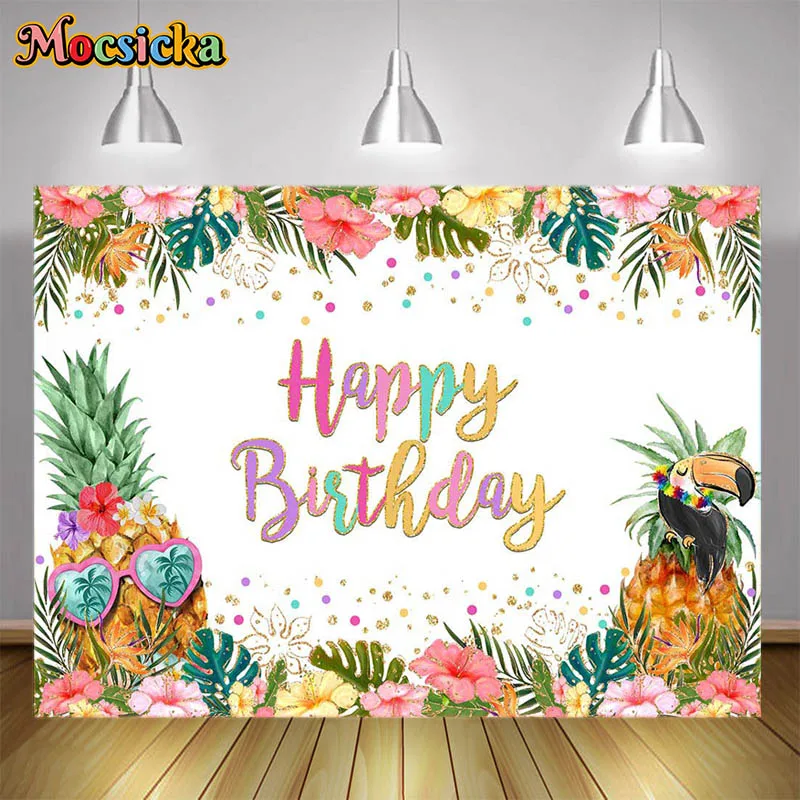 

Birthday Party Decoration Background Summer Aloha Pineapple Flamingo Glowing Dots Palm Leaf Decor Props Portrait Photo Backdrop