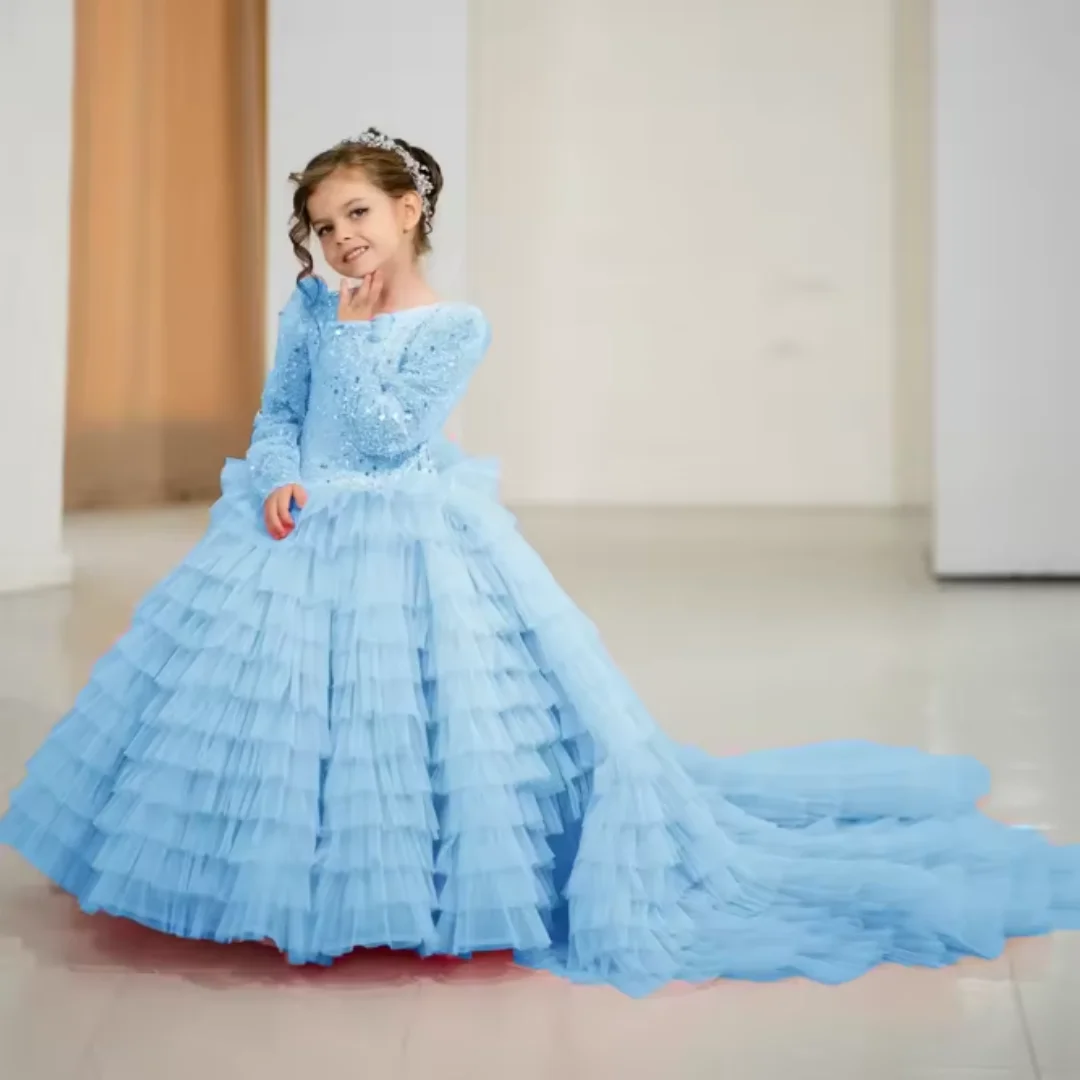 Luxurious Sequin Ruffled Sparkle Girl's First Communion Dress Long Sleeve Floor-Length Formal Wedding Party Children's Dress