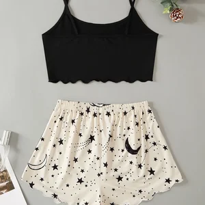 Sommermondstars bedruckte Karten gedruckte Pyjama Pijama Dessous sexy Ärmel Erntemaschine mit Shorts Pyjamas Set Pyjamas 8 Hauptverkauf Pijama Star - №6