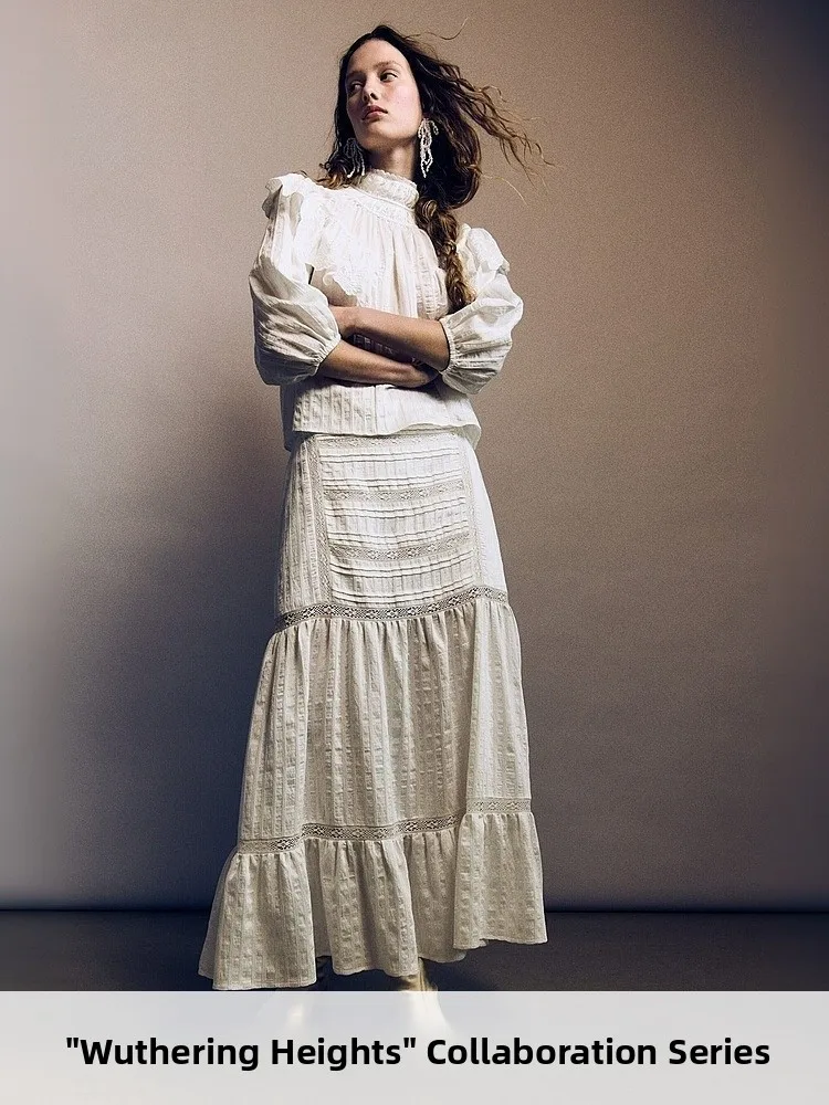

H&M Summer New Women's Lace Inlay Dress A-Line Skirt Loose Fit mid Waist Design Rayon Nylon Fabric Ladies Fashion