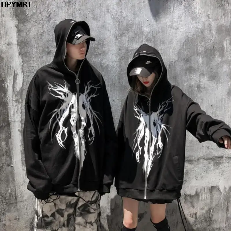 Autumn Fashion Punk Graphic Print Hip Hop Zipper Hoodie Men Women Harajuku Oversized Hooded Sweatshirt Gothic Vintage Streetwear