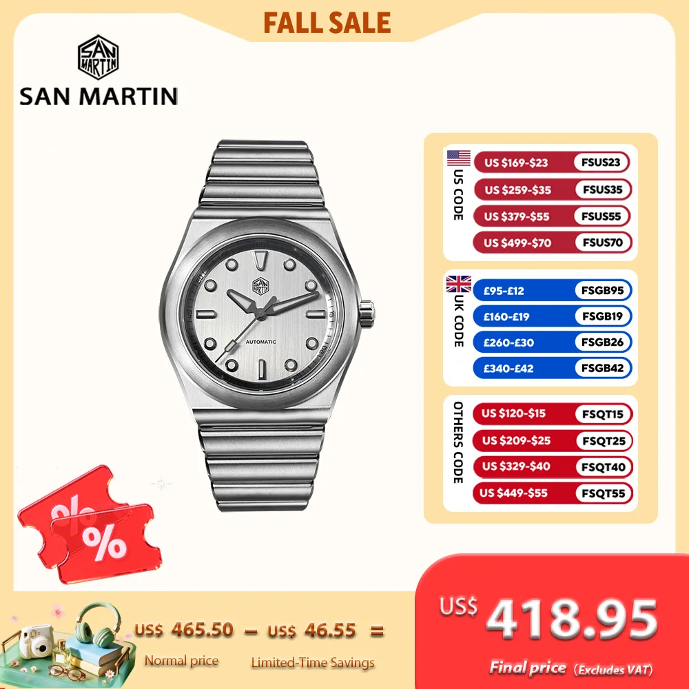 San Martin New 40mm Original Design Stainless Steel Brushed Dial Miyota 90S5 Casual Wristwatch 10Bar Integrated Bracelet SN0149