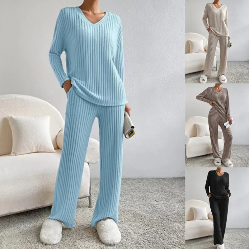 Fashion Knit Ribbed Women's Set 2 Piece Outfits Casual V Neck Knit Wide Leg Pants Sweater Lounge Set Sweatsuit