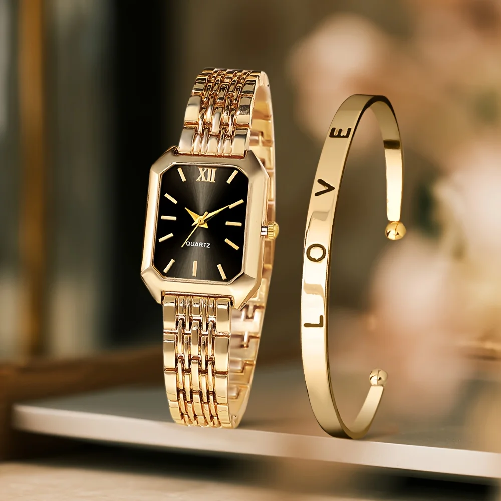 2pcs Women'S Watch Gift Set, Fashionable Open Bracelet Combo with Classic Retro Rectangular