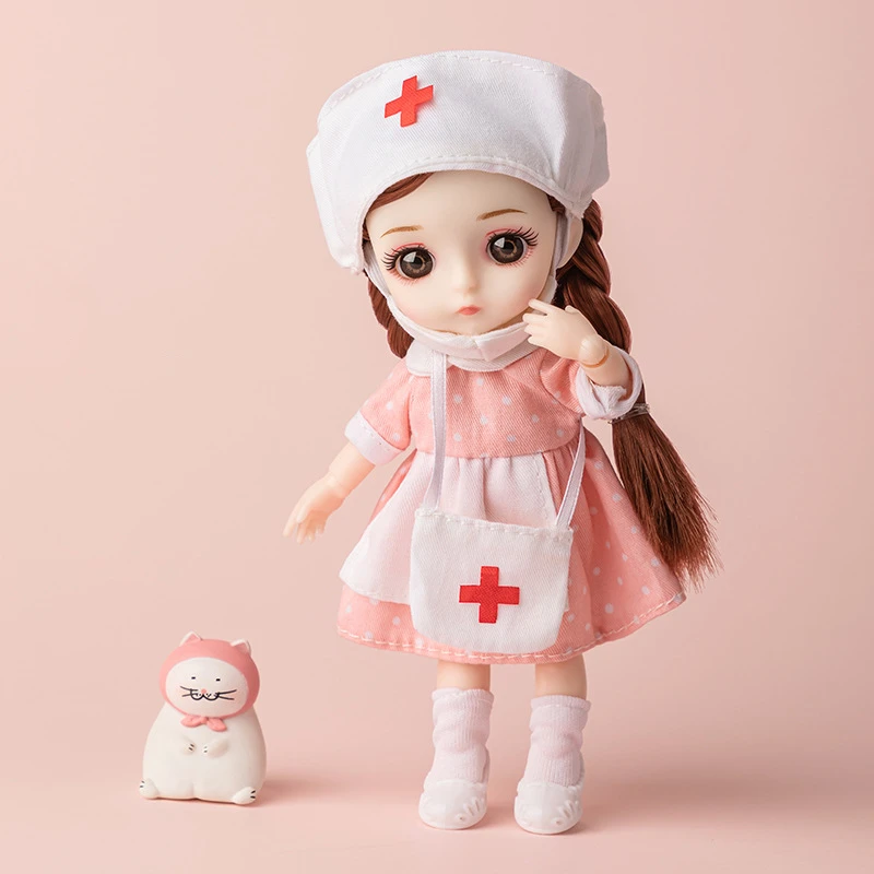 16cm Nurse BJD Doll Cute Girls Toys 13cm Movable Joints Children Dollhouse Pretend Play 1/12 Dress up Plastic Doll for Kids Gift