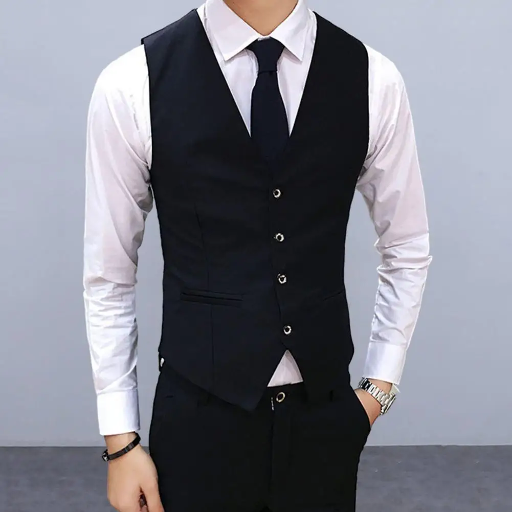 Chaleco de traje para hombre, chaleco con cuello en V sin mangas, Color sólido, ajustado, cárdigan de un solo pecho, abrigo Formal de negocios, abrigo de boda para novio