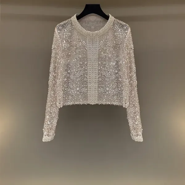 

HuaShen Summer Fashion Women's Heavy Embellished Sequin Trendy Style Long Sleeve Open Cardigan Luxury Quilted Loose Fit Knitwear
