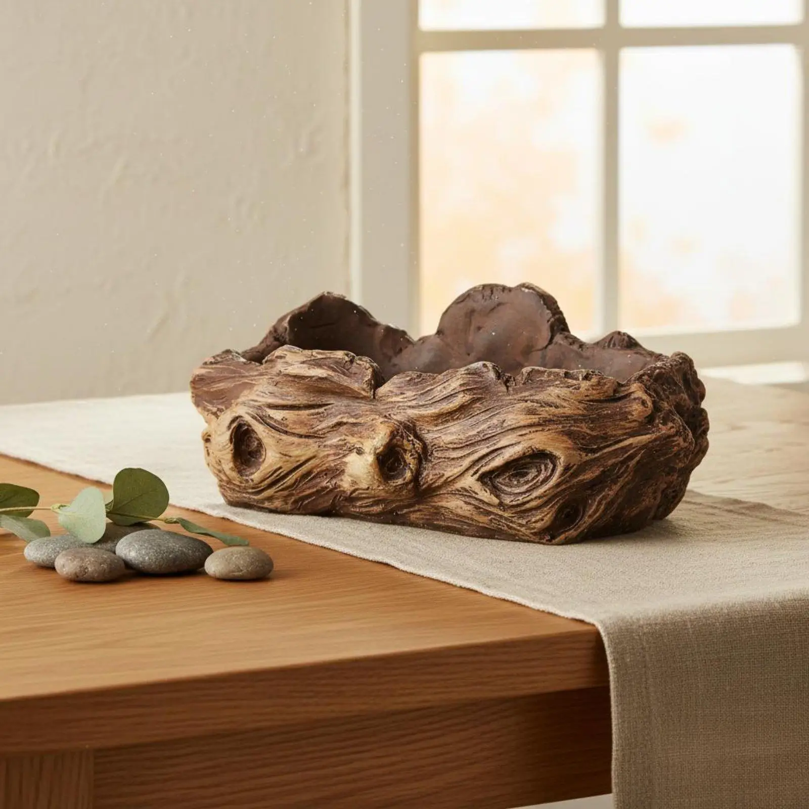 Handcrafted Wood Log Style Succulent Pot with Drainage for Indoor Outdoor Tabletop Display Warm Character Home Decor