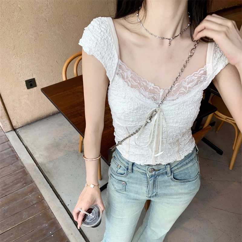 Y2K Cutecore Women's Crop Lace Camisole French Style Slim Lace Trim V Neck Cap Sleeve Backless Cami Tops for Summer