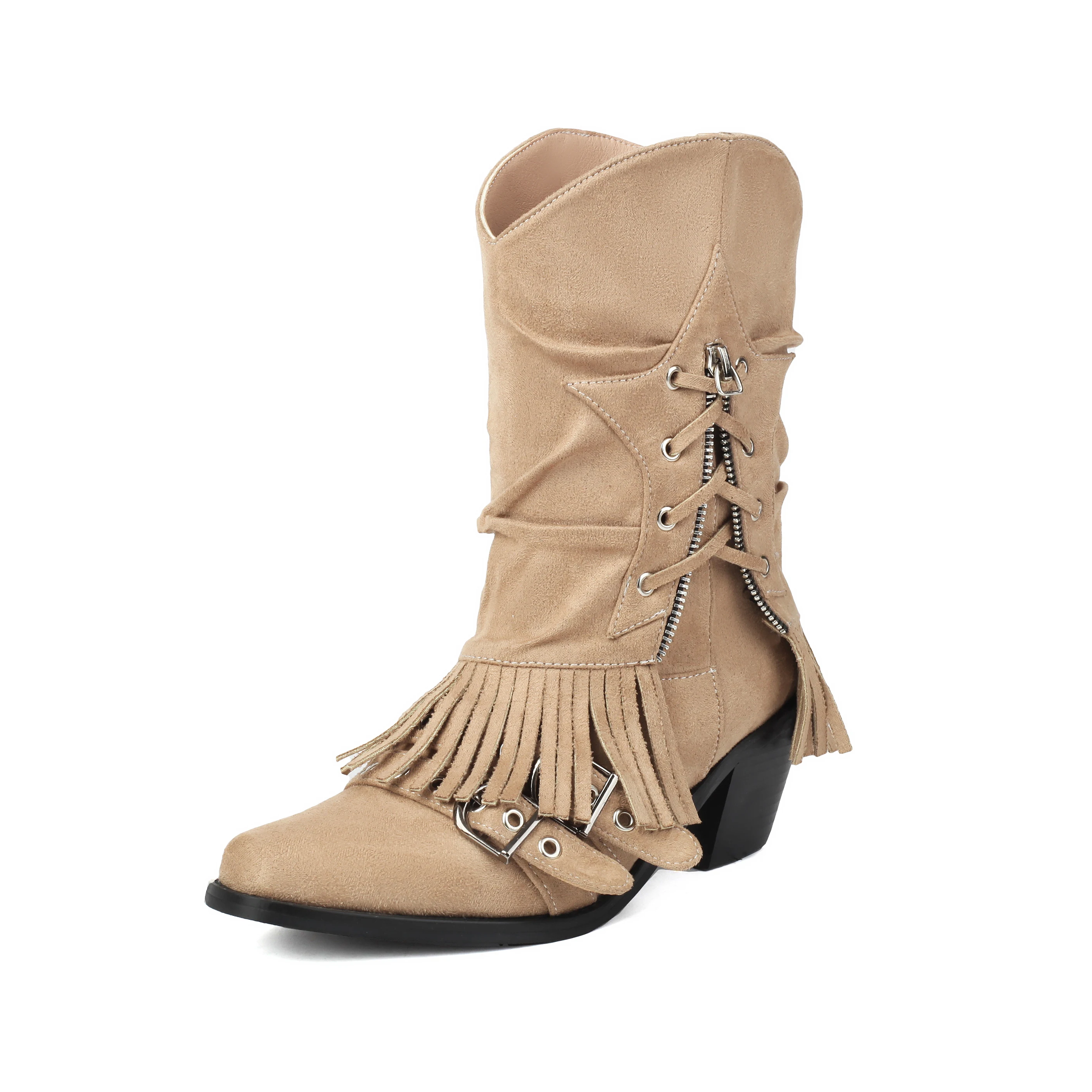 

2024 New Women's Ankle Boots Chunky Heels Retro Flock Western Boots US 4.5-15 Fringe Buckles Slip on Shoes for Wide Calf