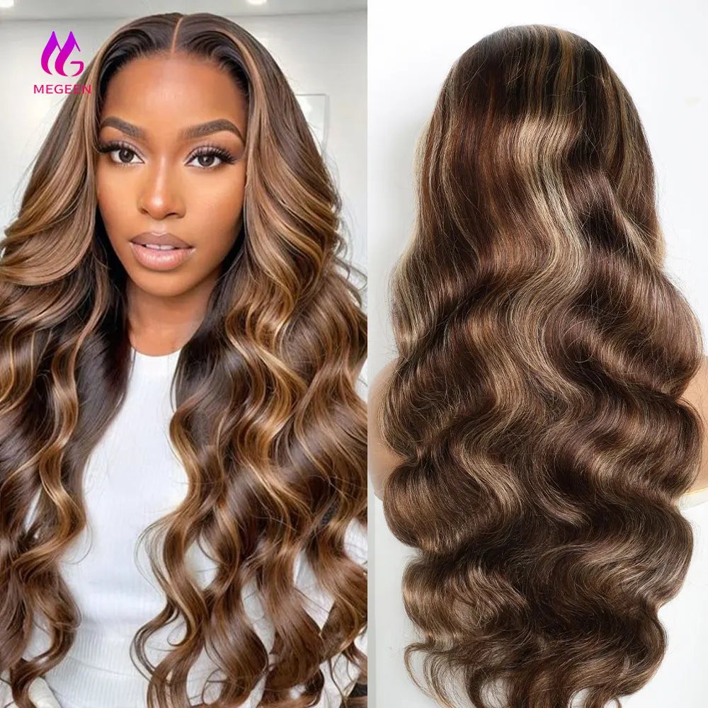 Megeen-Perruque Full Lace Front Wig Body Wave, Highlight HD, Transparent Lace Frmeds Wig, Honey Blonde Ombre Colored, P4, 27, 180%, 36 in