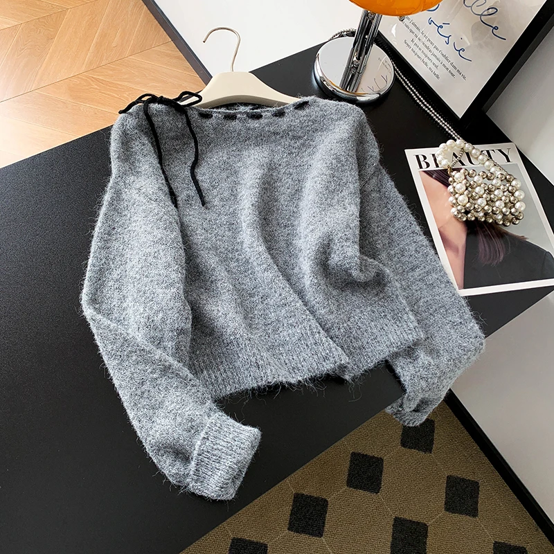 

Корейский вязаный свитер с ленивым узлом, круглый Ne, женский повседневный модный простой осенне-зимний шерстяной свитер