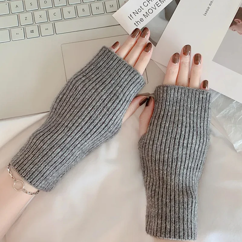 1Pair Winter Women Warm Knitted Wool Half-Finger Gloves Solid Color Cold-Proof Elastic Fingerless Wrist Arm Writting Mittens