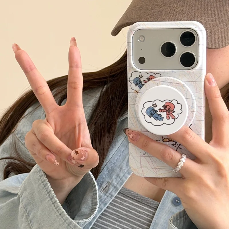 

Kawaii Cartoon Girl Painting Magnetic Phone Case For iPhone 17 Pro 16 Pro 15 Pro Max Cover with Holder Hard Protective Cases Fun