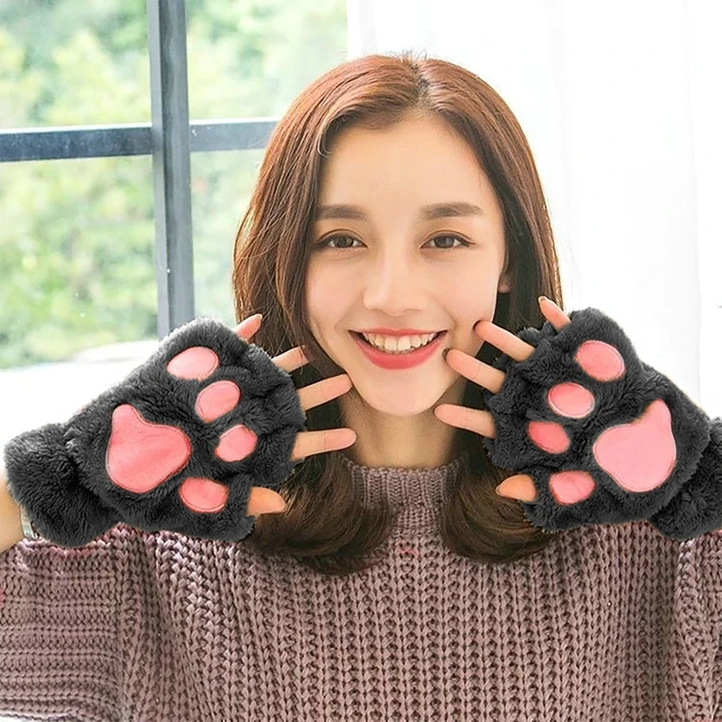 Women Bear Plush Cat Paw Claw Gloves Winter Faux Fur Cute Kitten Fingerless Mittens Gloves Christmas Halloween For Womens Girls