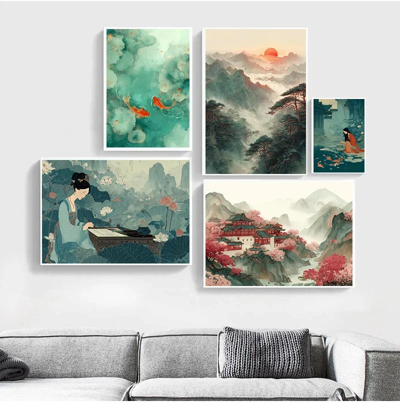 Multiple sizes 1pc frameless Canvas Painting,Ancient Chinese Culture Koi Fish Pond Cherry Blossom Poster Temple Lotus Prints Can
