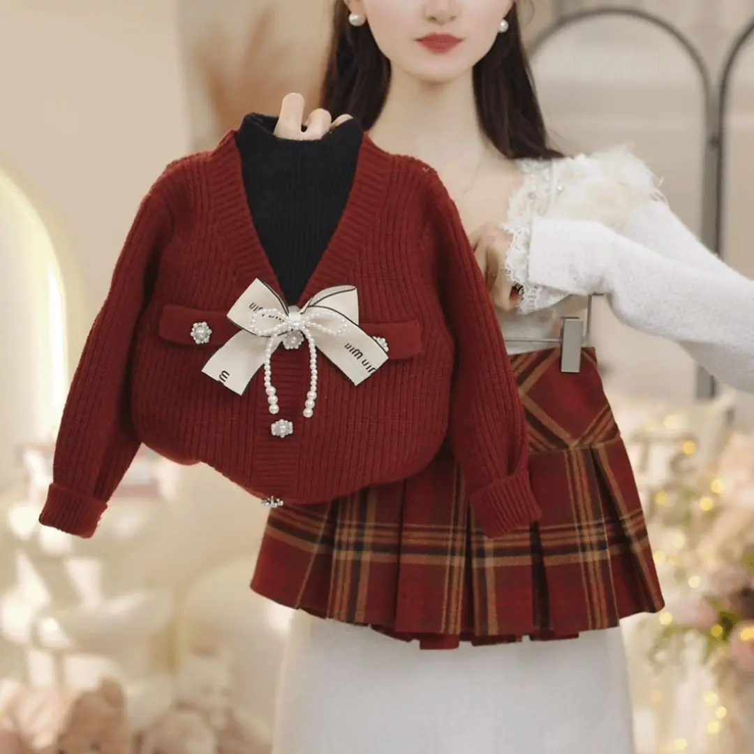 2025 New Trendy Girls Spring Autumn Winter Set Thickened Sweater Plaid Dress Two Piece Set for Kids
