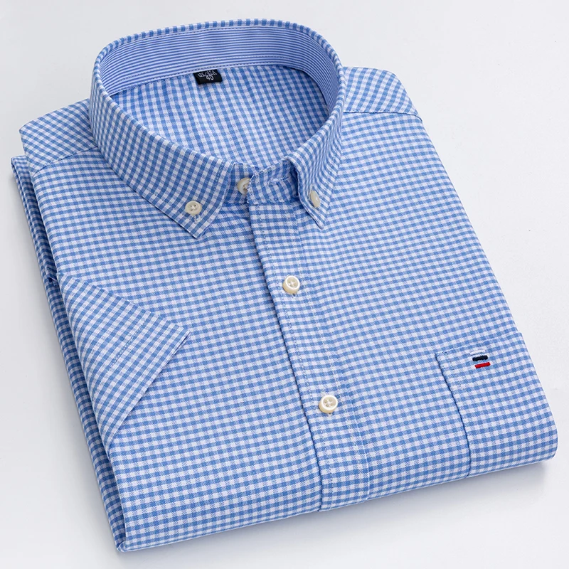 100% Cotton Summer Men's Oxford Shirts Short Sleeve Plaid Soft Regular Fit Formal Dress Shirt Social Blouse Male Clothes Size 7X