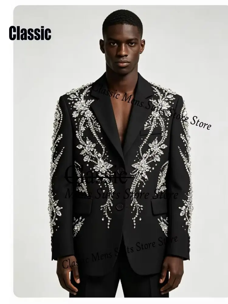 Customized Crystal Diamond Men Suit 2 Pieces Set Male Party Blazer Gorgeous Groom Wedding Tuxedos Slim Sequin trajes para hombre