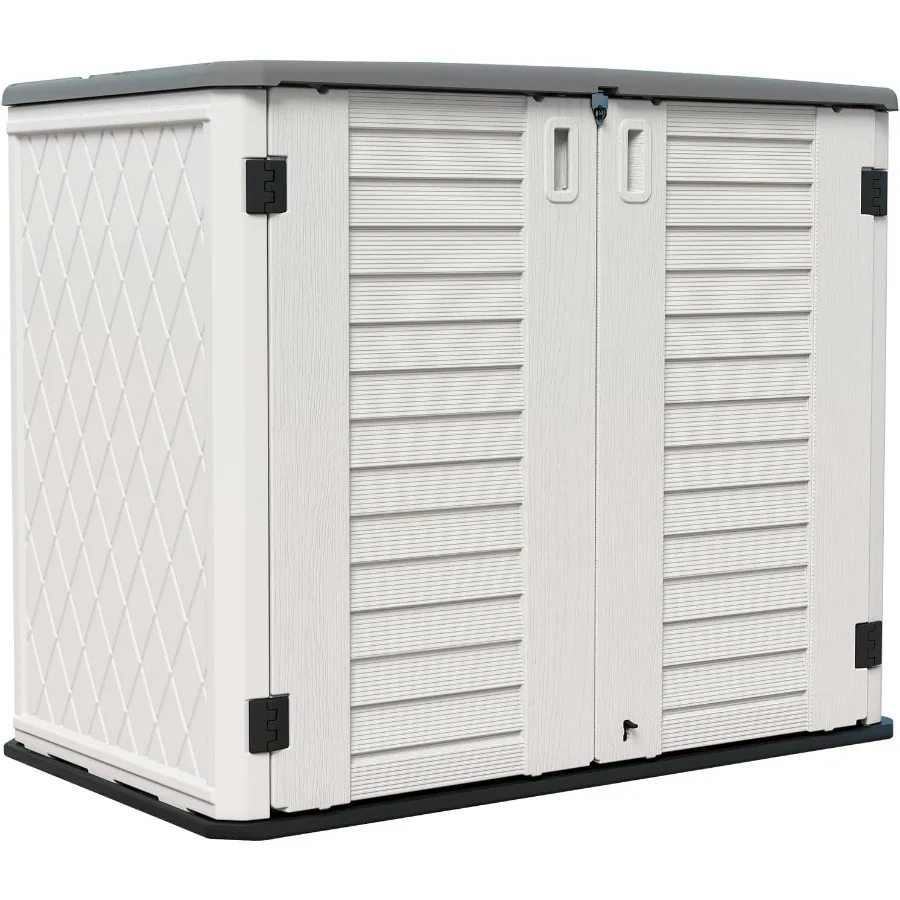 Backyard and patio storage shed: weather-resistant white horizontal cabinet for lawnmower and patio accessories, 26 cu.ft large