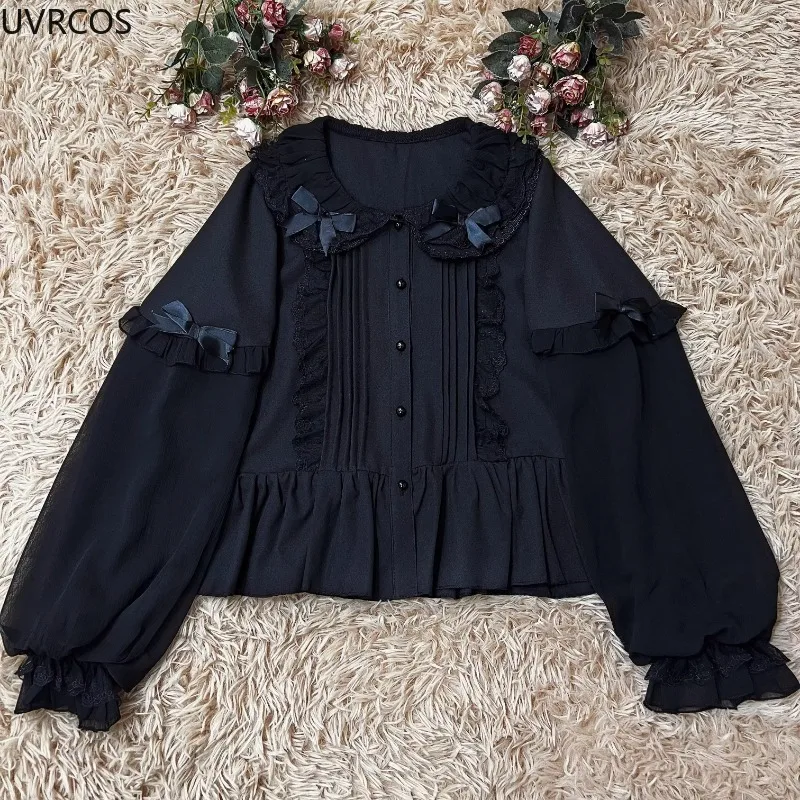 Vintage Elegant Lolita Blouses Kawaii Peter Pan Collar Lantern Sleeve Shirt Female Sweet Lace Ruffles Bow Slim Tops Blusas Mujer