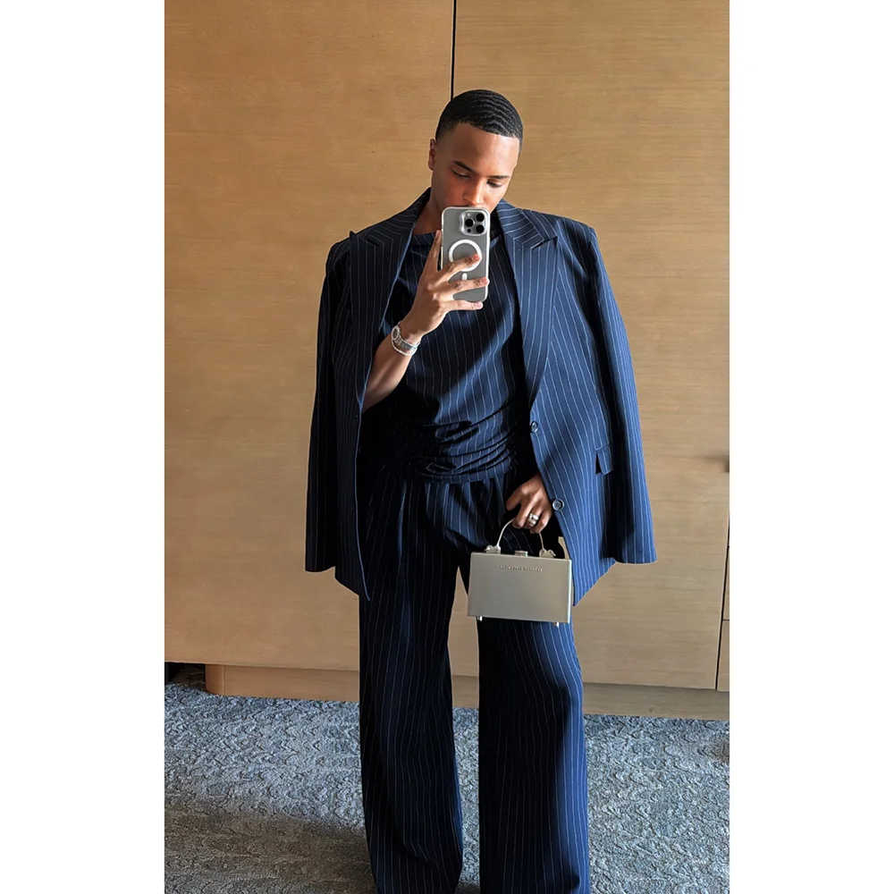 

Мужской костюм из двух предметов в синюю полоску, деловой повседневный свободный стиль, повседневная одежда для поездок на работу, социальная вечеринка, индивидуальная одежда