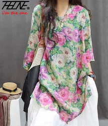 THHONE New Fashion Summer Woman Blouse 2025 Floral Pullover V-Neck Print Elegant Vintage 3/4 Sleeves Korean Style Loose Shirts