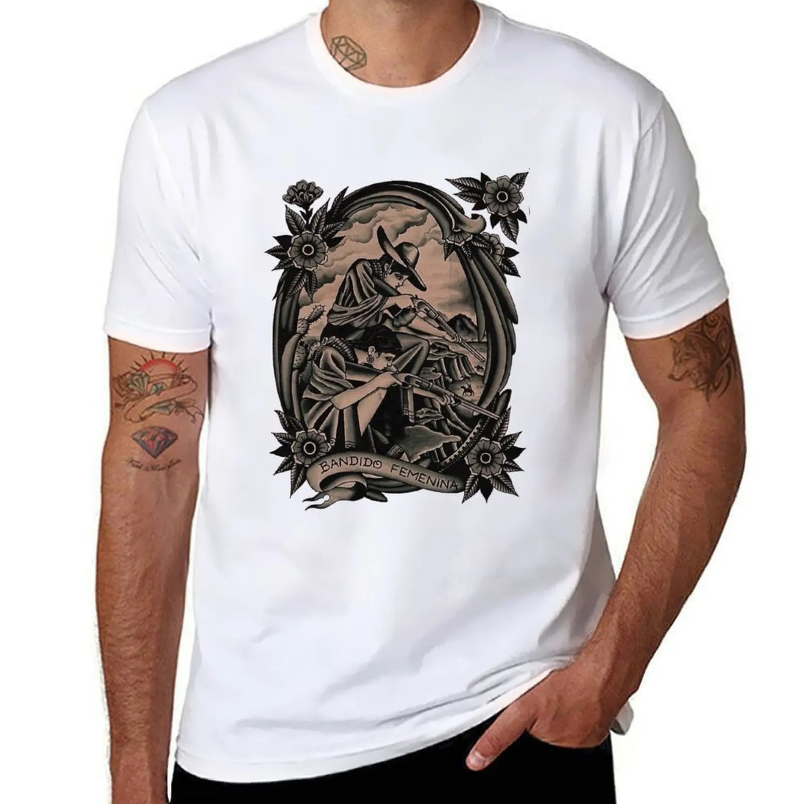 

Traditional Beautiful Bandido Femenina Tattoo T-Shirt Non-Shrink Basic Cotton T-Shirt