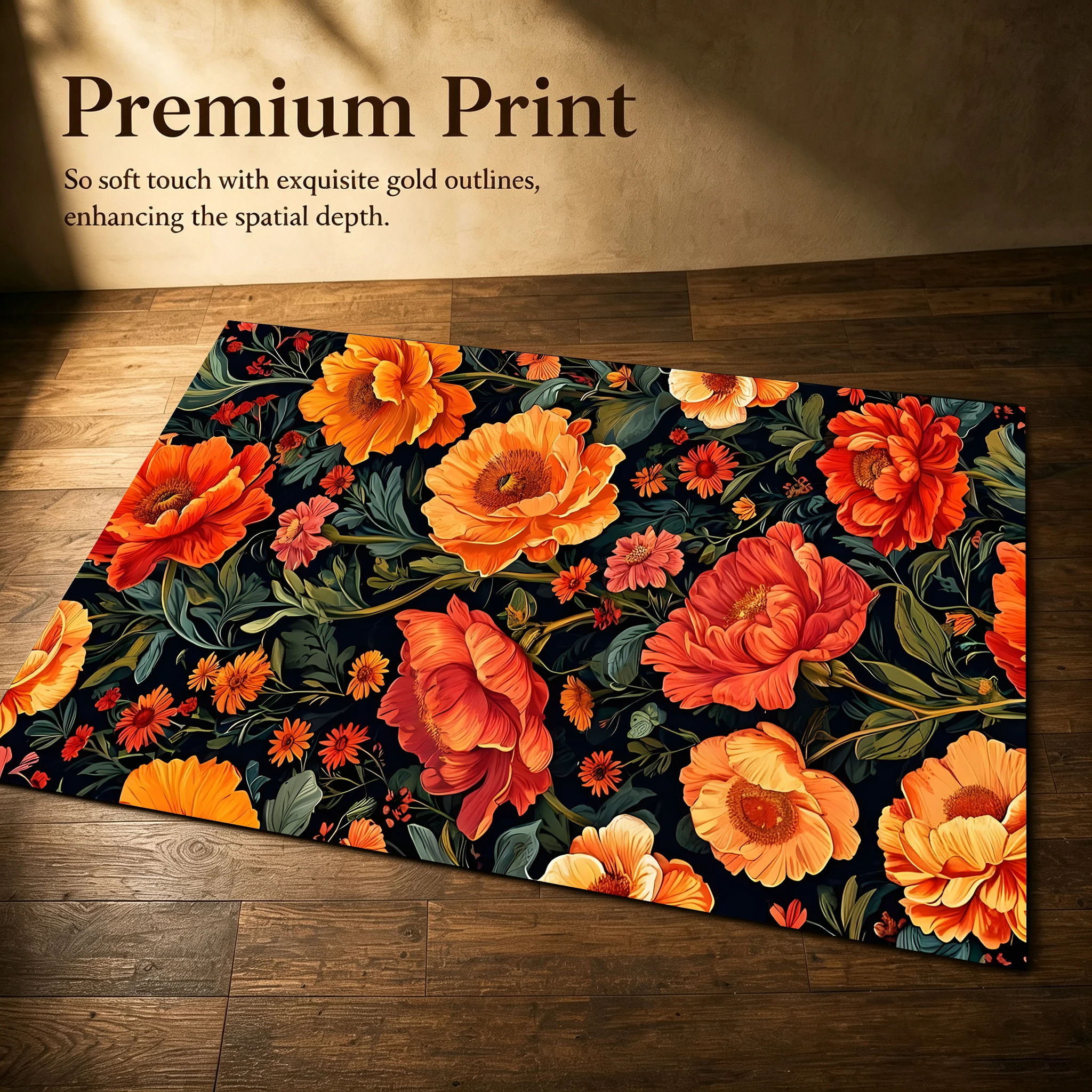 Vintage Oil Painting Style Orange-Red Floral Velvet Rug, American Retro Style Autumn/Winter Living Room, Bedroom, Bedside Rug, Creating a Full Autumn Harvest Atmosphere