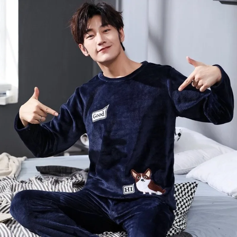 Autumn Winter New Coral Fleece Pajamas for Man Round Neck Long Sleeve Lounge Sets Man 2 Piece Fashion Printing Home Suit for Man