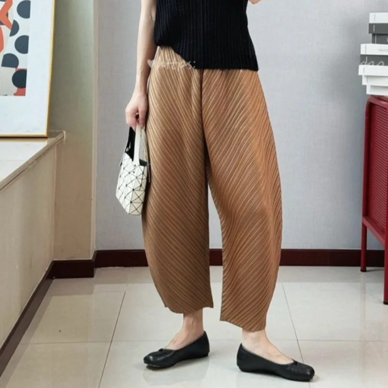 Miyake Pleated Pants Summer New Simple Casual Fashion Twill Pleated Arc Nine-Point Irregular Pants Curved Knife Pants for Women