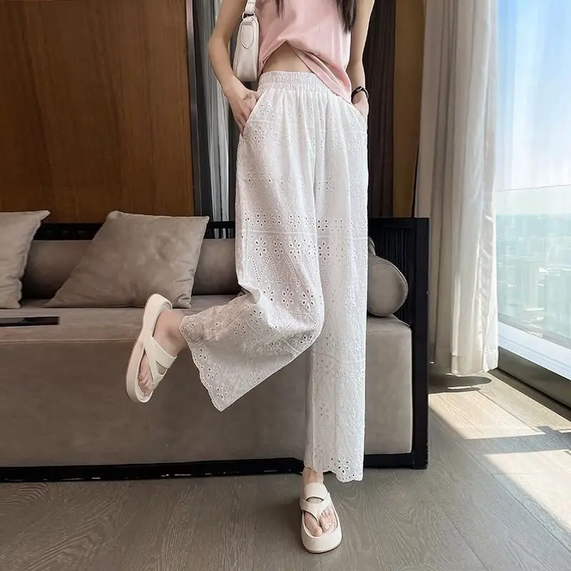 Celana panjang model Korea, celana panjang kaki lebar, celana kasual longgar, celana Hollow Out, bordir Solid, celana wanita tipis, musim panas, mode simpel