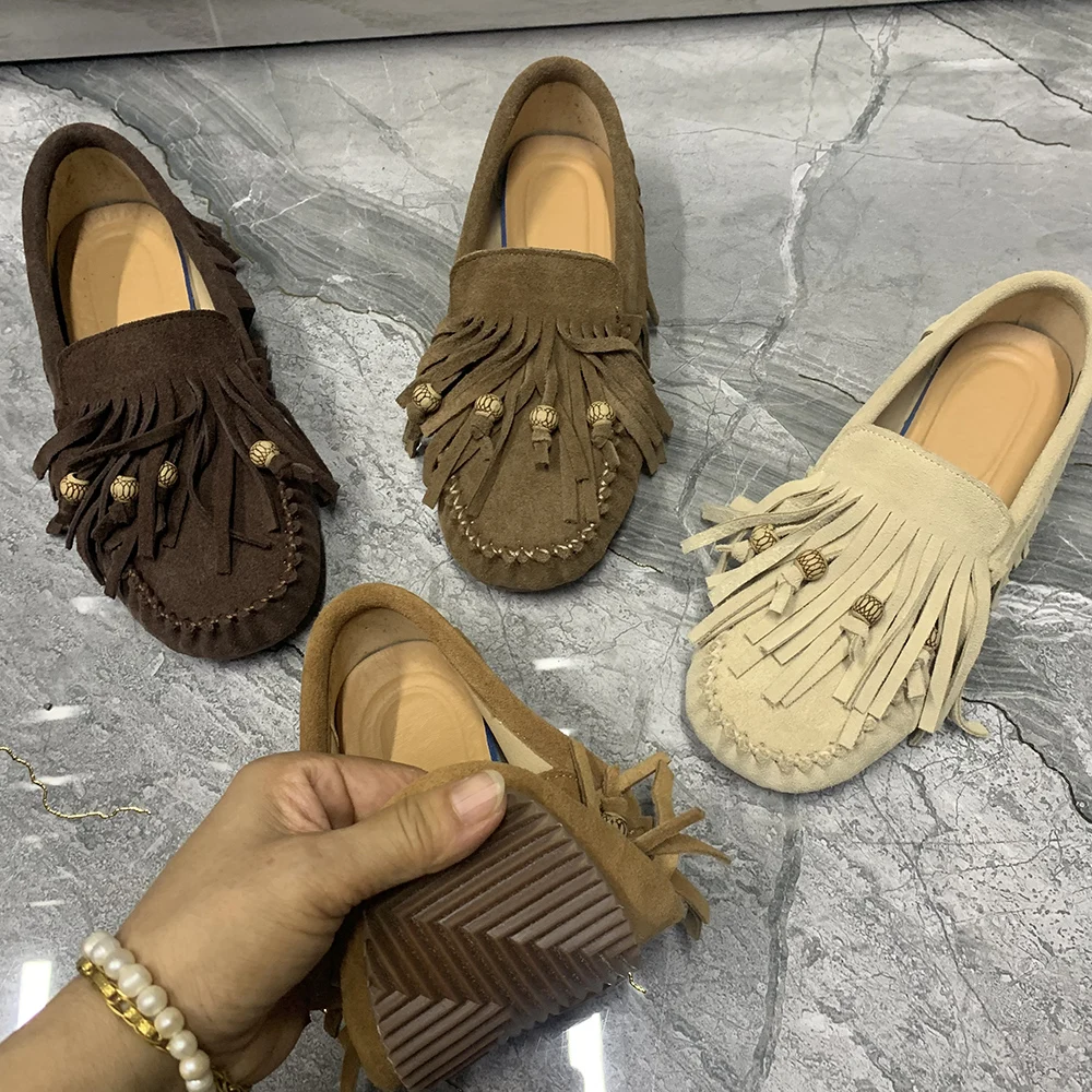 Fashion Leather Women Shoes Plus Size Casual Flat Mullers Antislip Female Loafers Tassels Designer Shoes