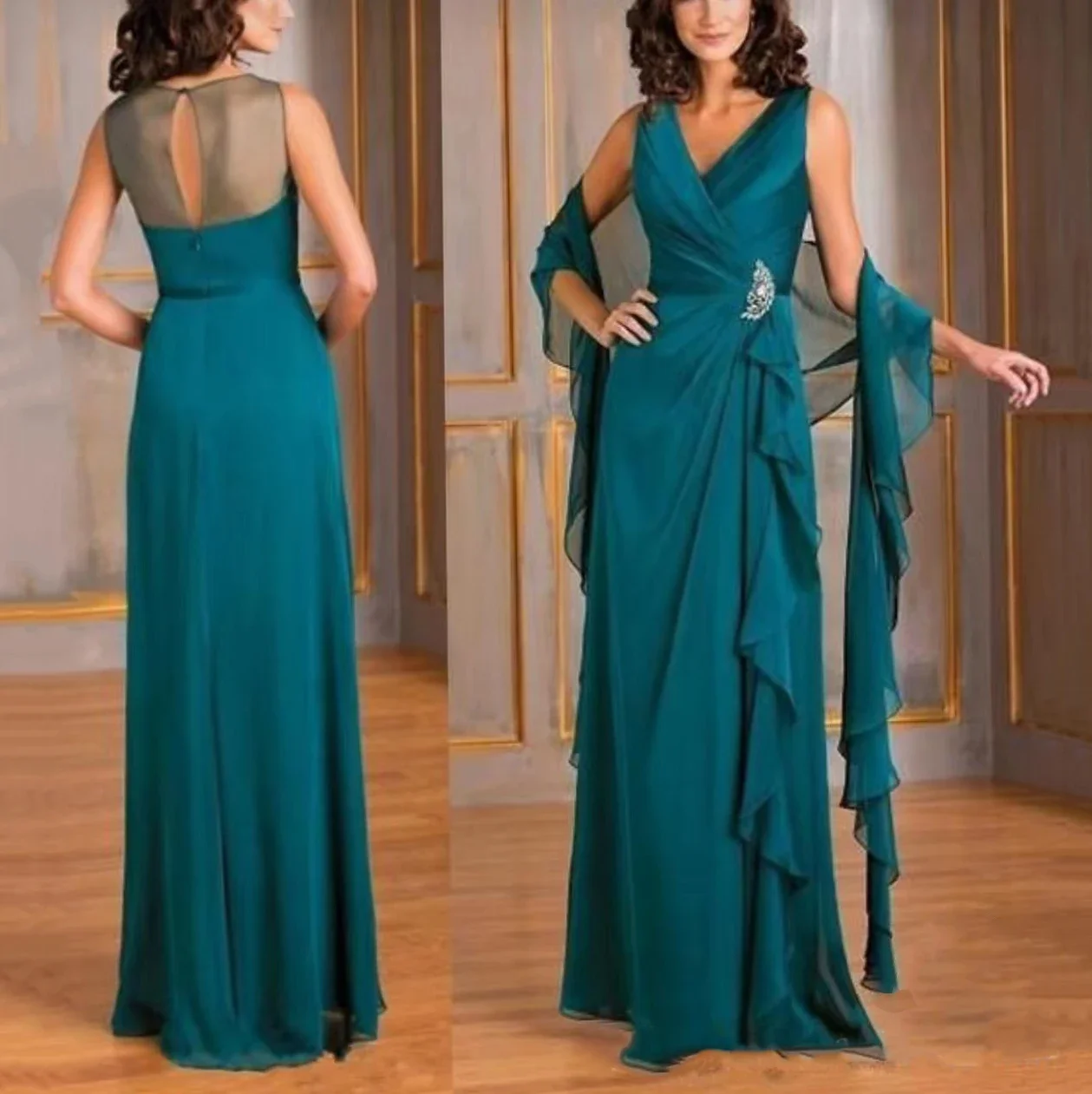 V Neck Mother of Bride Dresses Long A Line فساتين والدة العروس Peacock Chiffon Formal Party Gown Mère de Robes de Mariée