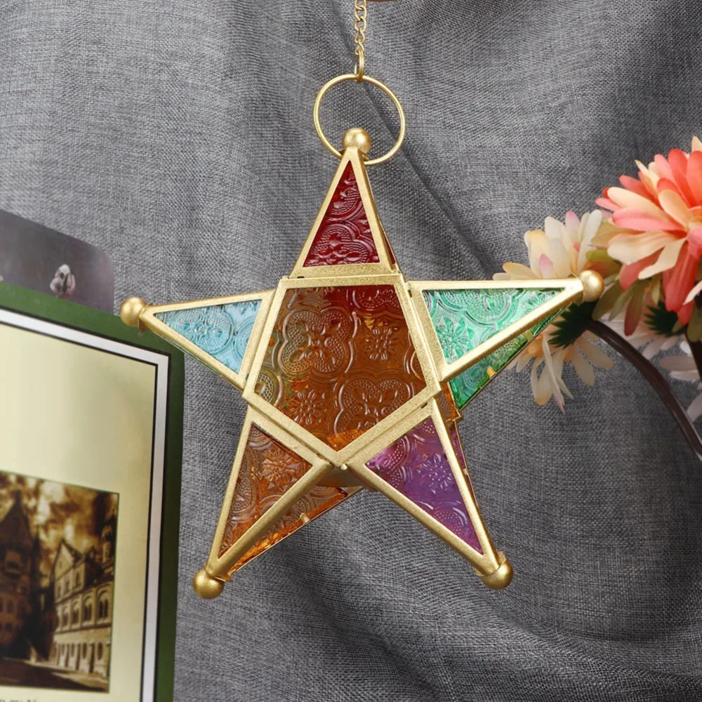 2PCS Iron Moroccan Star Lantern Colored Glass Star Wrought Iron Candle Holder Hanging Hanging Lantern Ornament Patio Decoration