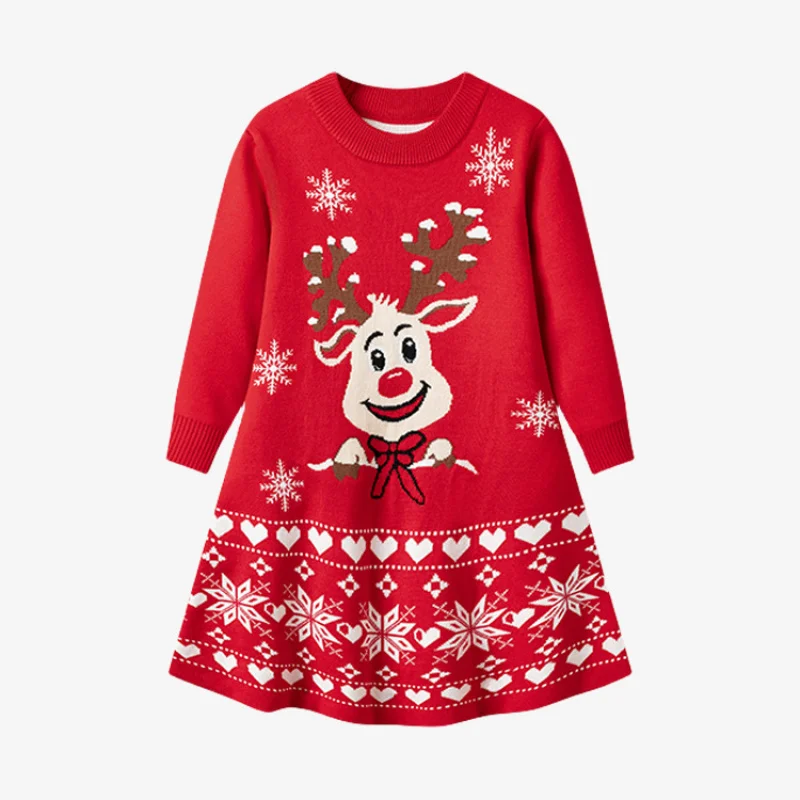 

Christmas Baby Kids Dresses for Girls Clothing Princess Cartoon Elk Knitted Sweater Dress Red Round Neck Children's Dresses