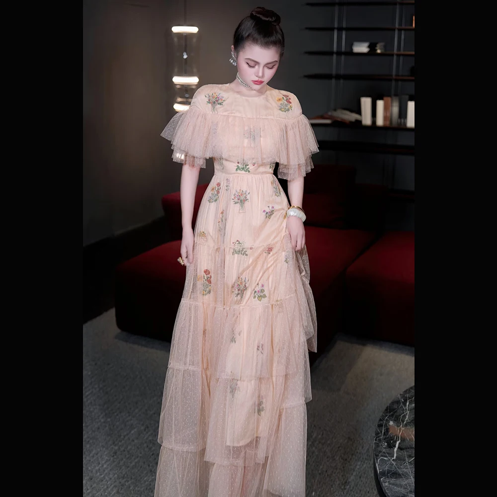 

Meyyithun Women's Dress 2026 Summer Short Sleeved Dot Mesh Embroidery Waist Cinching Big Swing Cake Dress Socialite Style Z01