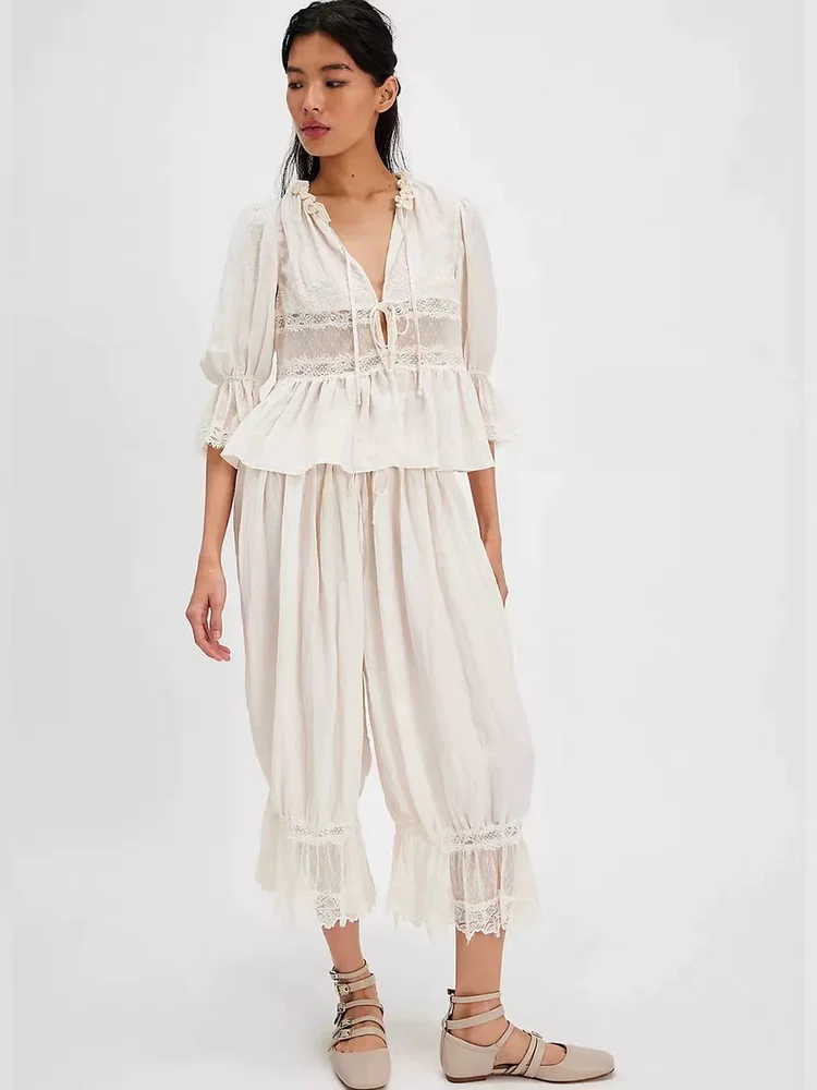 

Ele Ранняя осень Романтическое вышитое кружево с вырезами Vaion Sle Long Sve irt Large U Ne Cotton Blend