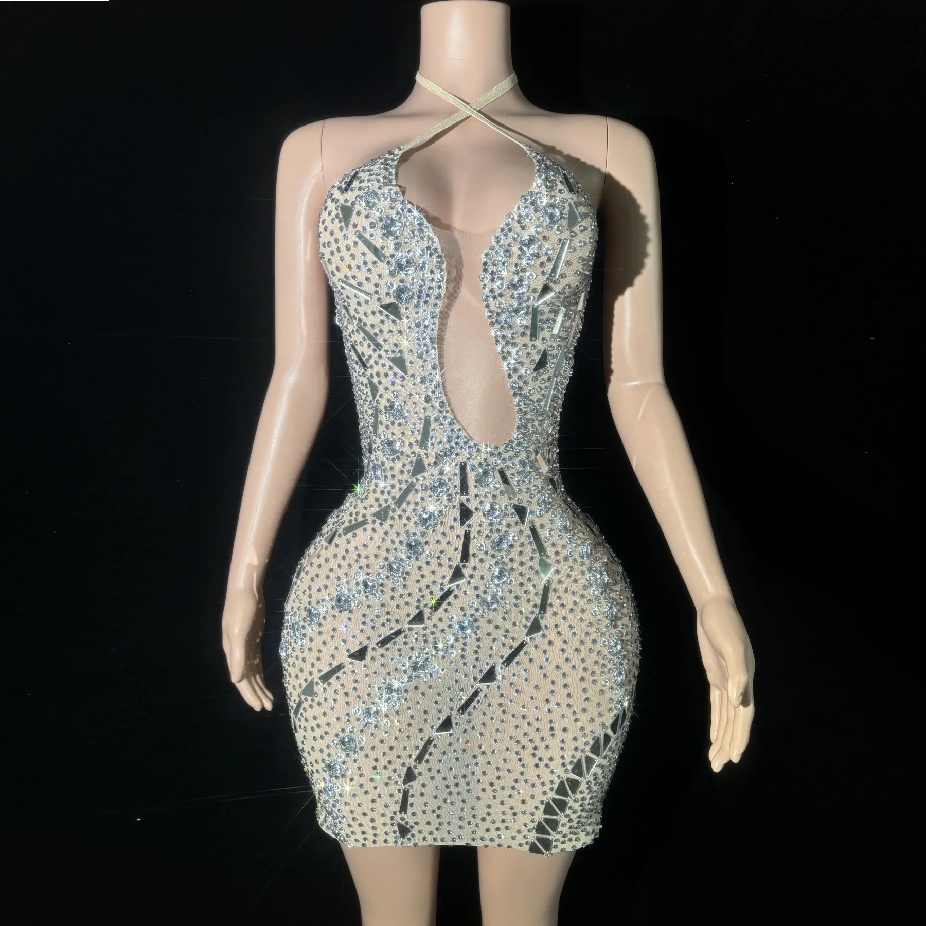 

Sparkly Rhinestones Sexy Backless Sheath Mini Dress Nightclub Performance Custome Singers Dancer Stage Wear Evening Party Dress