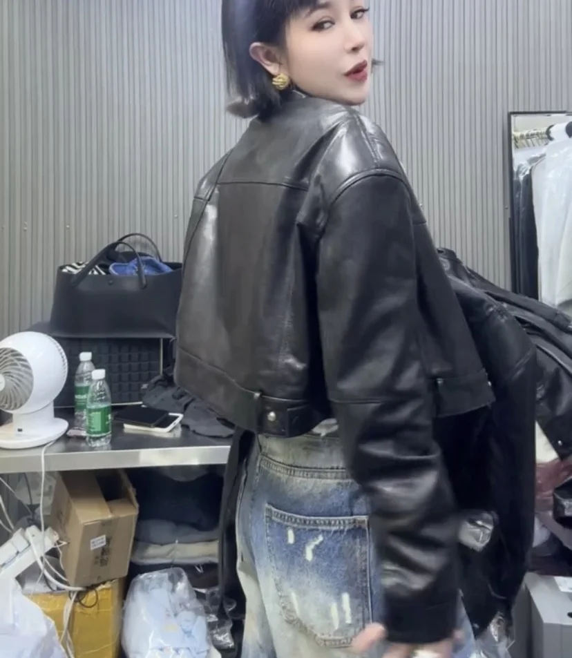 2025 New Women's ort Leather Jaet Bla Genuine Tanned Leather Cool Sle Small Size Coat eepskin Zipper Closure Long S...