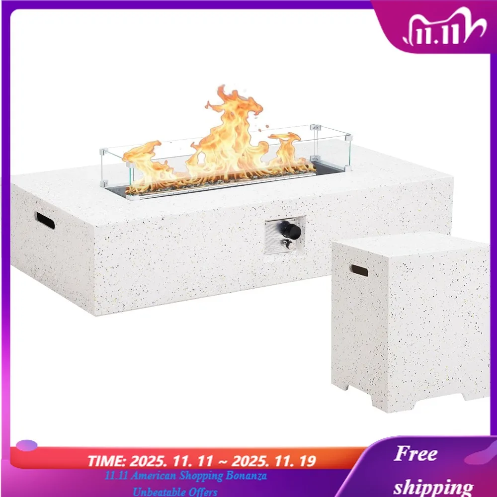 

Стол для костра с пропаном на открытом воздухе — 56-дюймовый белый прямоугольный стол с отделкой из терраццо, сертифицированный, горелка из нержавеющей стали 50000 BTU