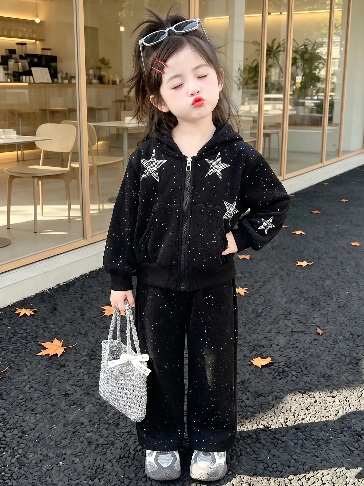 Autumn Baby Girl Sport Clothes Suit Shining Hooded Zipper Hoodie+Straight-leg pants 2pcs Junior Kid Sportswear Set Child Outfits