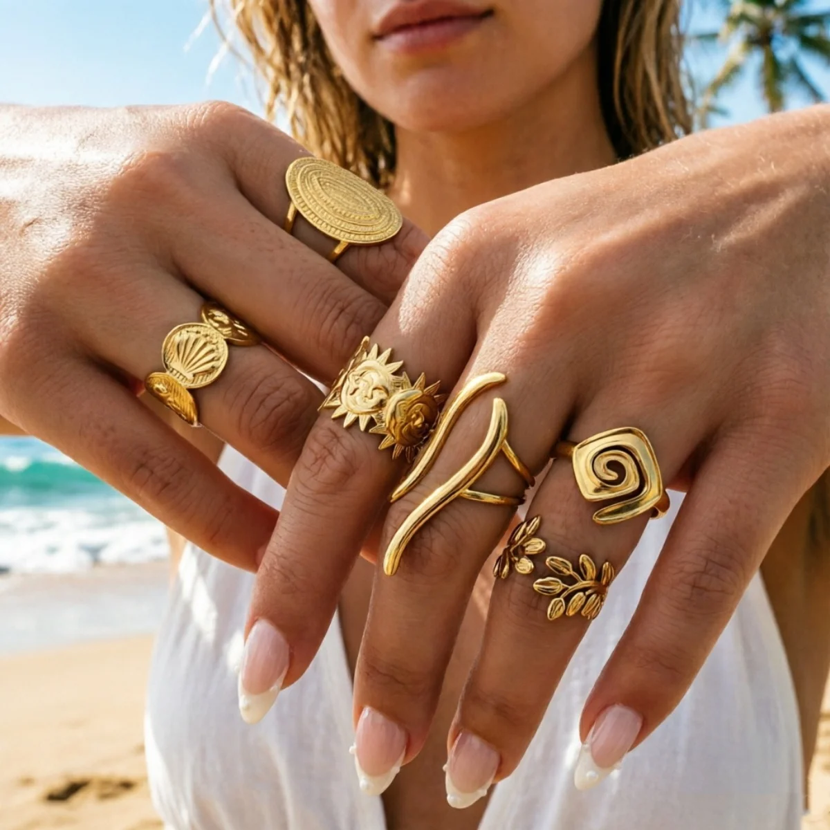 Vintage Edelstahl-Ringe mit Sonnenblumen- und Blattmuster für Damen und Herren, Punk-Mode, geometrischer Spiral-Oval-Fingerring, Schmuck – Detail 8