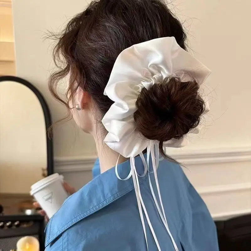 1pc Large intestine headband, creamy white ribbon, bow, drawstring, satin headband, large intestine headband view 2