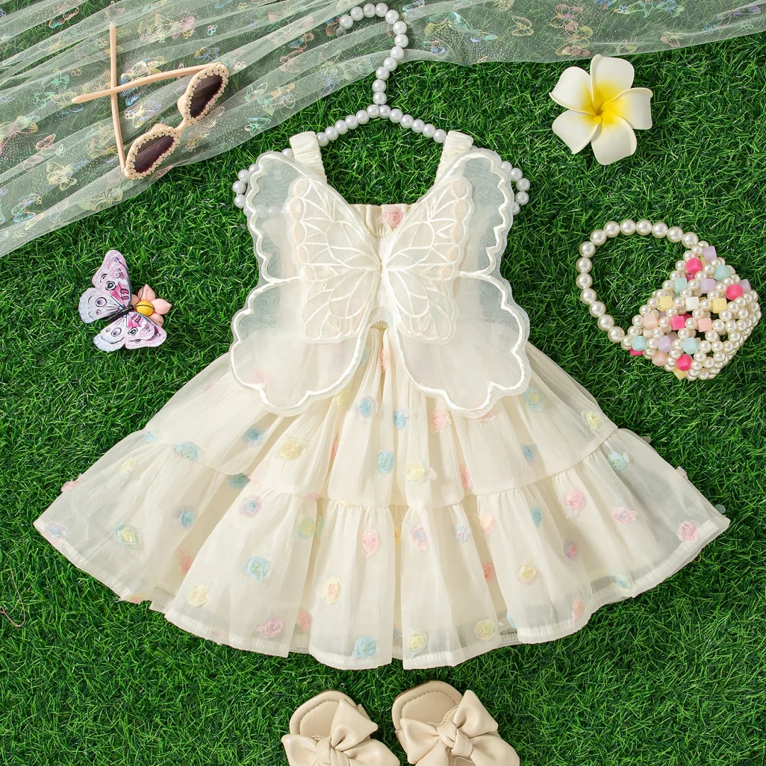 Girls Dresses Summer Butterfly Wings Floral Pattern Halter Mesh Puffy Baby Dresses Cute Casual Baby Girl Clothing